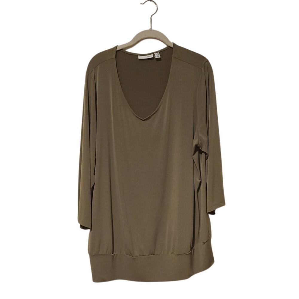 Avocado Green Susan Graver 3/4 Sleeve V Neck Top Blouse-2X